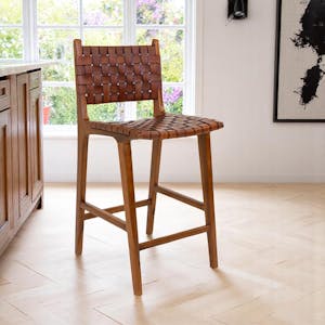 Chaise de bar en bois de teck et cuir marron MENDOZA